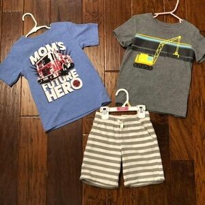Cat & Jack Fire Truck and Children’s Place Crane Shirt/short lot 5T